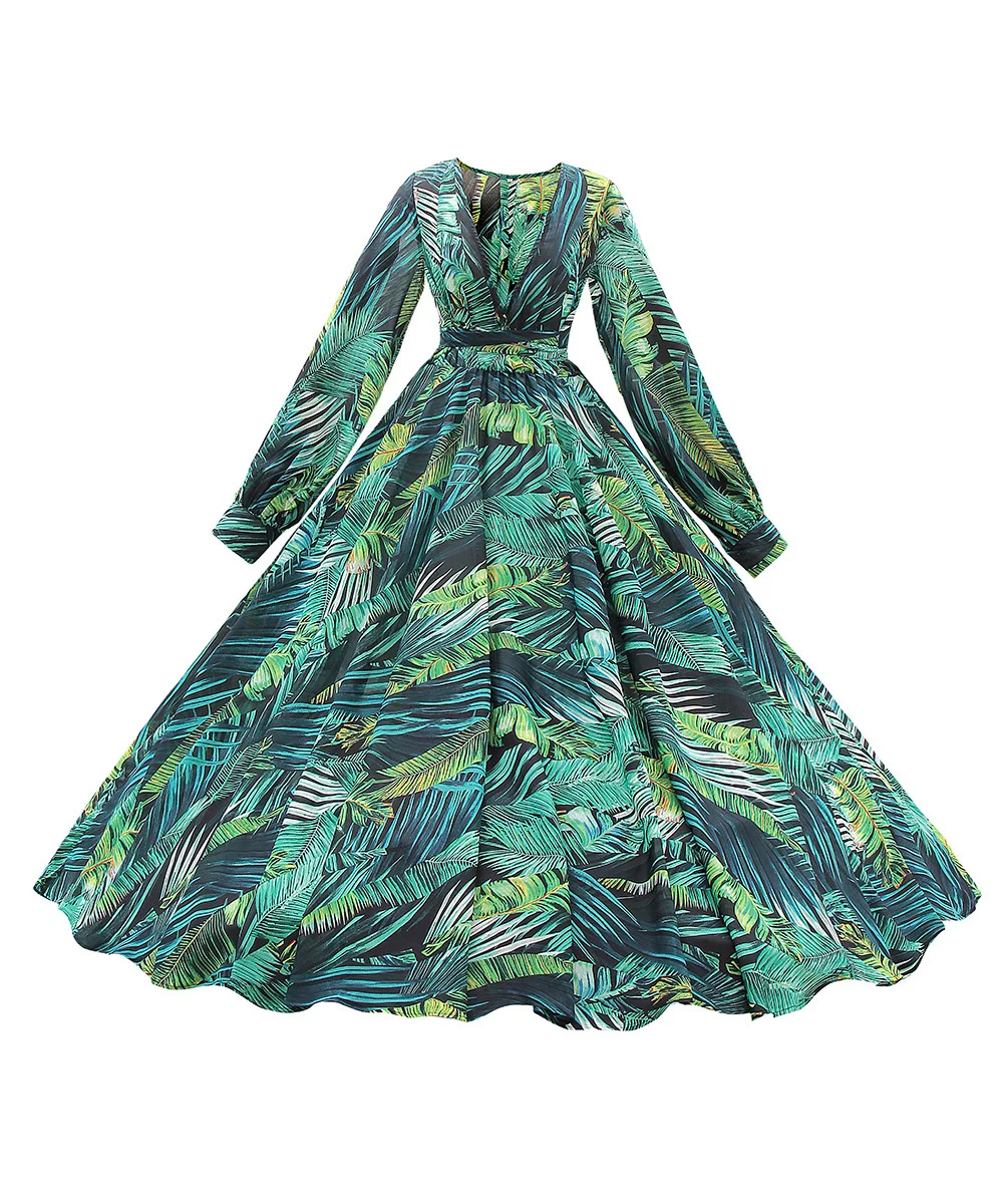 

2019 Sleeve Green Leaf Printing Skirt Waist