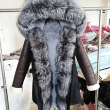 Длинная парка, пальто из натурального меха, зимняя куртка для женщин, натуральный мех енота, Лисий меховой капюшон, воротник, манжеты, толстая теплая верхняя одежда, новинка