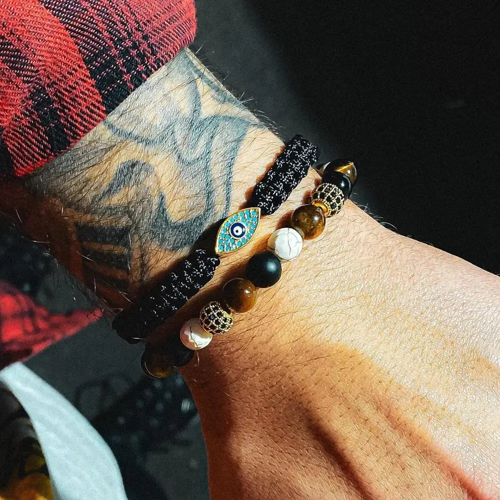 Men Bracelet Set High Quality New Design CZ Pave Eye Charm Natural Stone Bacelet Set For Men Jewelry Gift - Image 6