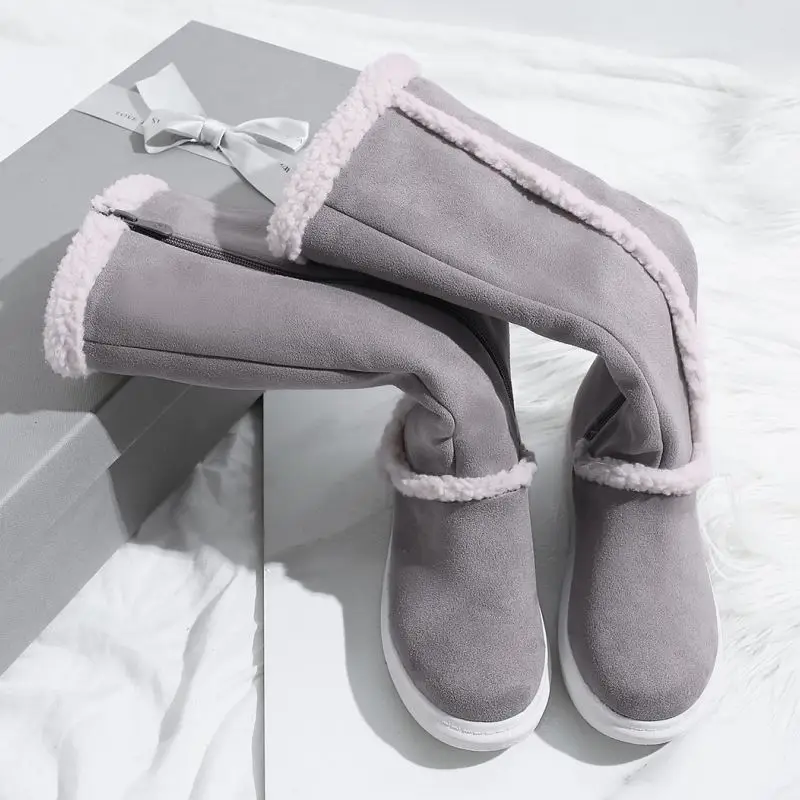 FITWEE New Winter Warm Knee High Boots For Women Side Zipper Flats Shoes Leisure Outdoor Fur Women Footwear Size 34-43