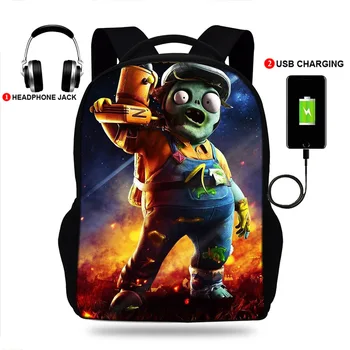 

USB charging Plants vs Zombies book bag backpack schoolbag cute school bag travel pack fashion for teenagers Boys& girls