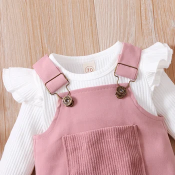 Autumn Baby Girls Clothes Set Newborn Infant Girl Ruffles Romper Corduroy Pocket Skirts Overalls Clothing 6