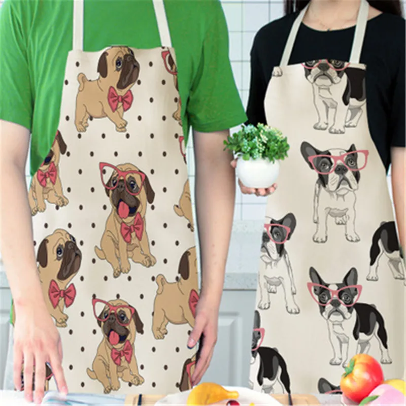 1Pc Cartoon Dog Kitchen Cooking Aprons For Women Chefs Baking Bibs Waterproof Cotton Linen Household Cleaning Apron Delantales