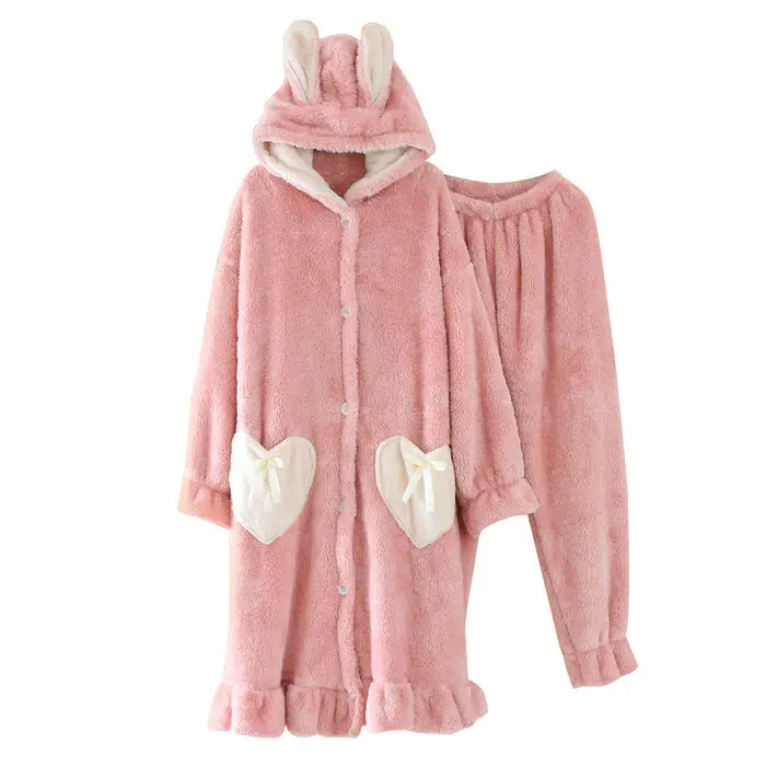 Пижамы для женщин осень и зима милый с капюшоном толстый коралловый флис большой размер свободный длинный халат плюс брюки домашний костюм f168 - Цвет: pink