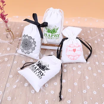 

50 White Personalized Logo Print Custom Drawstring Bags Jewelry Packaging Pouches Chic Wedding Favor Bags Cotton Gift Package