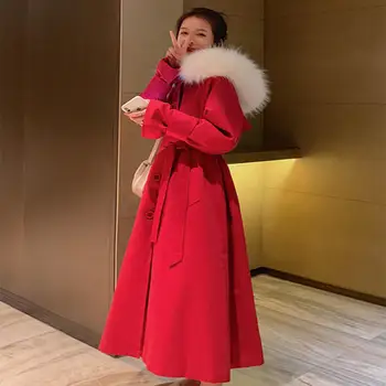 

Red Khaki Cotton Padded Winter Jacket Women Hooded Fur Collar Long Coat Single-Breasted Cape Style Woman Parkas Outerwear C6535