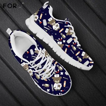 

FORUDESIGNS Dark/Navy Blue Nurse Bear Pattern Flats Shoes Women Cute Cartoon Pediatrician Medical Female Sneakers Casual Shoes