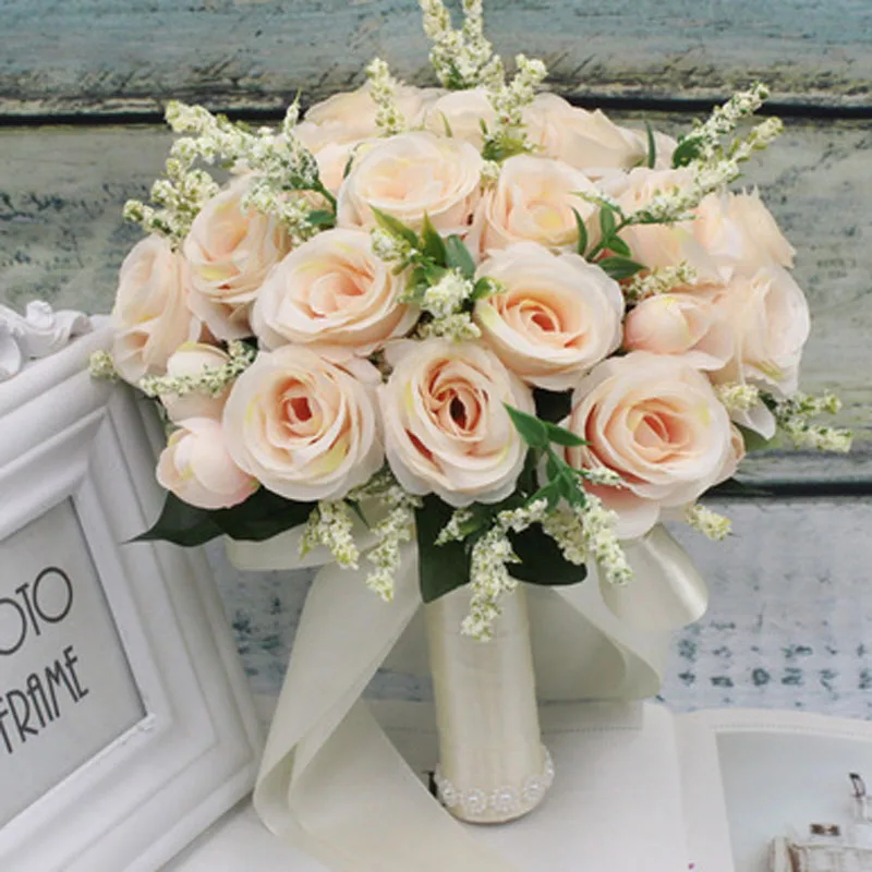 Bouquet Da Sposa Per Matrimonio, Bouquet Da Sposa Romantici Artificiali, Bouquet Da Sposa Bouquet Da Ragazza Di Fiori, Bouquet Di Fiori Di Rose Champagne Per Cerimonia In Chiesa, Bianco+Borgogna