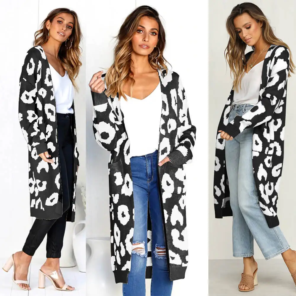 Женский леопардовый вязаный длинный кардиган, свитер с длинным рукавом, пальто для женщин, осень, новая верхняя одежда, женские осенние пальто