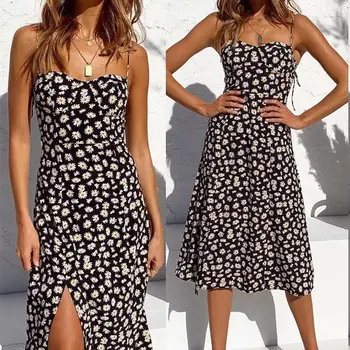 

Spaghetti Strap Daisy Printed Women's Dress Floral Side Split High Waist Female Dresses 2020 Summer Black Fashion Lady Clothes