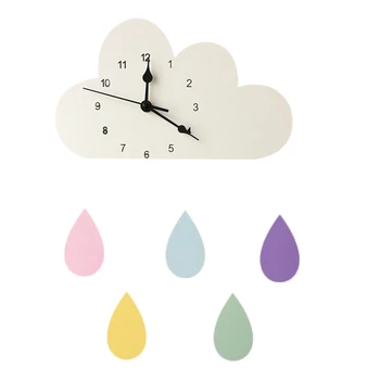 

Nordic Wood Cloud Raindrop Shaped Clock Children'S Room Decoration Baby Cute Wall Sticker Wall Clock Rainbow Color Basswood