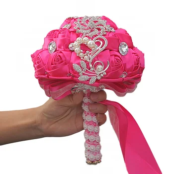 

Wedding Bouquet Artificial Rose Posy with Satin Rhinestone Throw Bouquet Bride Holding Flowers 2019ing