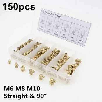 

150pcs Brass Zerk Grease Nipple Fitting Assortment M6/M8/M10 90Deg Straight Grease Nipple Fitting Machinery Parts Pipe Fittings
