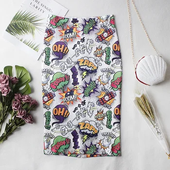 

Women's Pencil Skirt 2019 New Cartoon Print High Waist Vintage Skirts Slit Office Lady Slim Hip Summer Faldas Hermosas Ropas