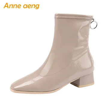 

2019 New Winter Women Ankle Boots 3.5cm Middle Square Heel Square Toe Solid Zipper Fashion Casual Women Shoes Khaki Short Boots