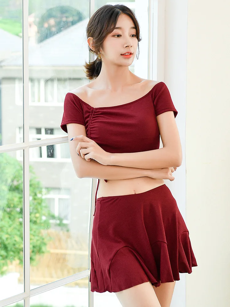 

2020 New Style INS-Style Retro Red Simple Short Sleeve Split Skirt-Belly Covering Slimming Conservative Hot Springs Bathing Suit
