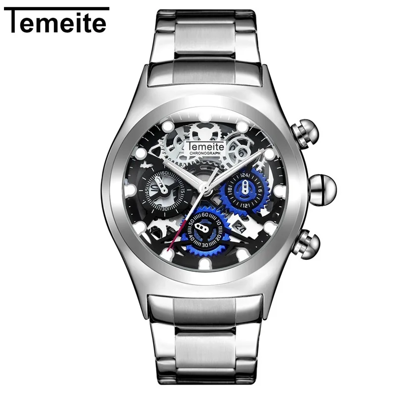 silver black Temeite Новые Роскошные мужские часы модные спортивные мужские часы из нержавеющей стали Кварцевые Золотые часы Мужские часы Дата Reloj Hombre - Цвет: silver black