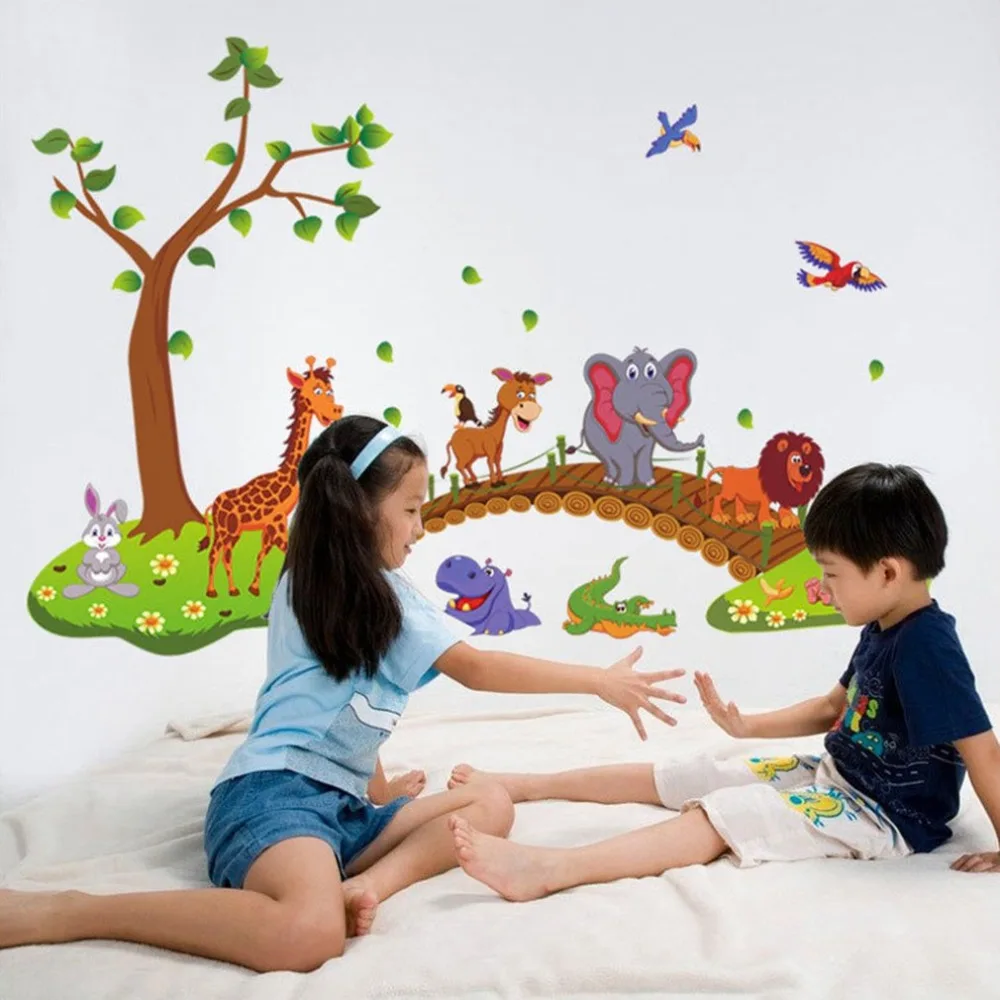 Kawaii большие джунгли животные мост ПВХ наклейки на стену для детей наклейки на обои для спальни детская спальня, детская комната украшения