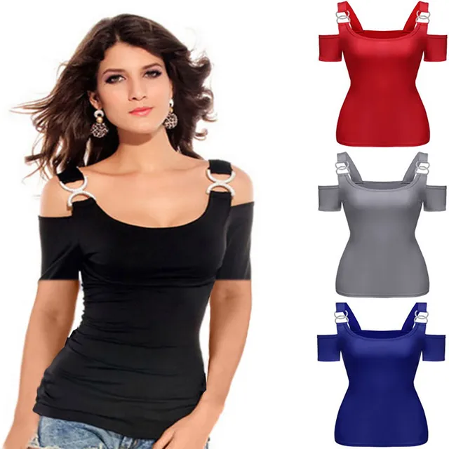 Women T shirt Solid Off Shoulder Tops Metal Buckle Strap Summer Short Sleeve Sexy Tops Female