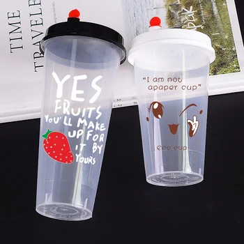 

50pcs High quality creative disposable cups 500ml coffee tea milk soy cold hot drink takeaway packaging plastic cup wtih lid