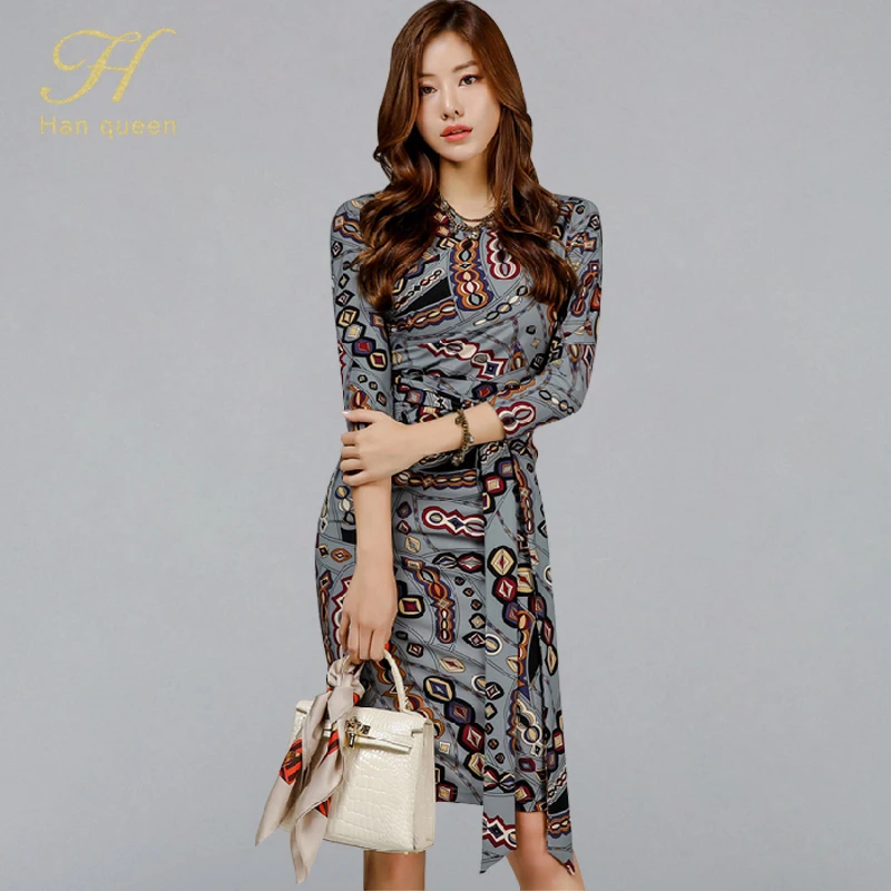 

H Han Queen 2019 Knitted Print Thin Sheath Bodycon Dress Women 2019 Autumn Bow Bandage Pencil Dresses OL Boho Bottoming Vestidos