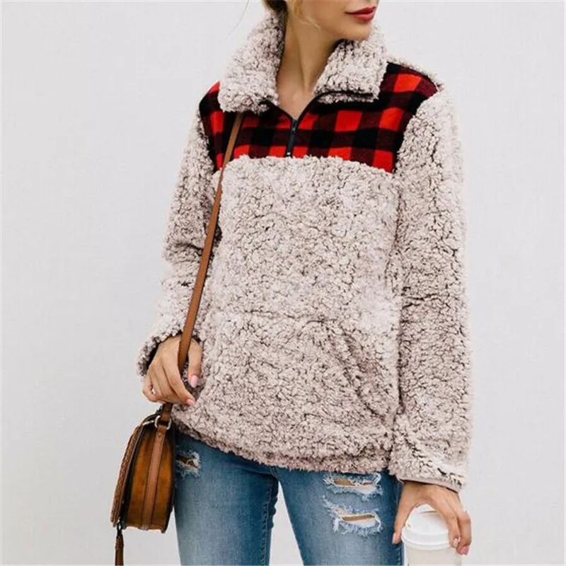 

Women Fleece Outerwear Fashion Plaid Patchwork Fluffy Thick Sweatshirt Warm Zipper Neck Pullovers Women Winter Coat Sweatshirt