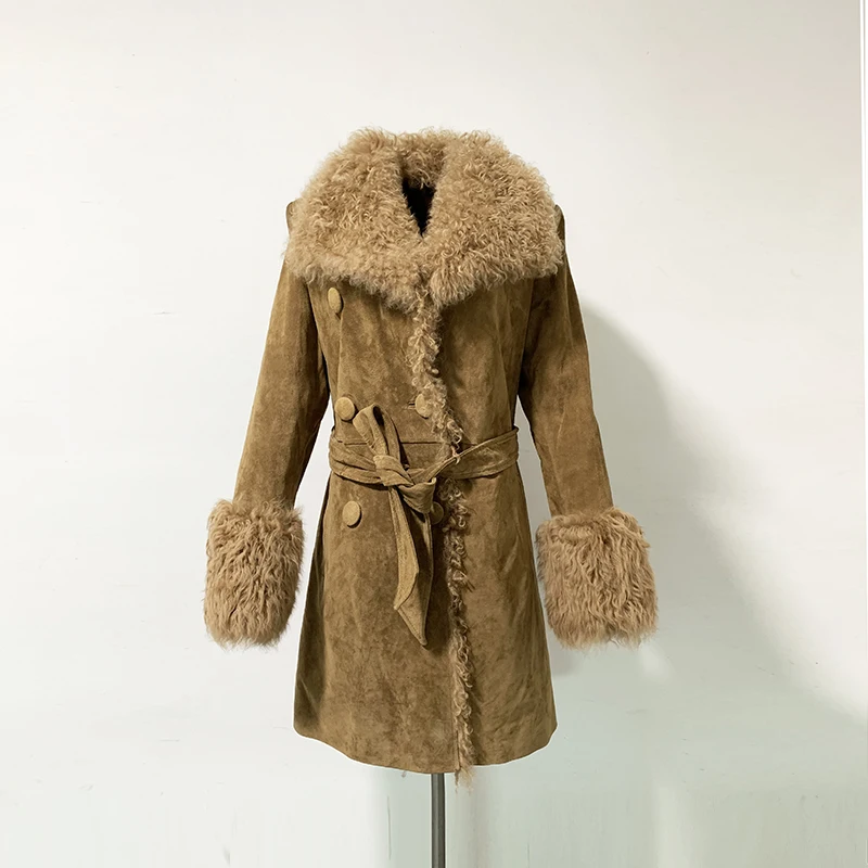 Rf1995B зимнее модное пальто из натуральной кожи большой овечий мех воротник и манжеты двубортный натуральная кожаная куртка для женщин