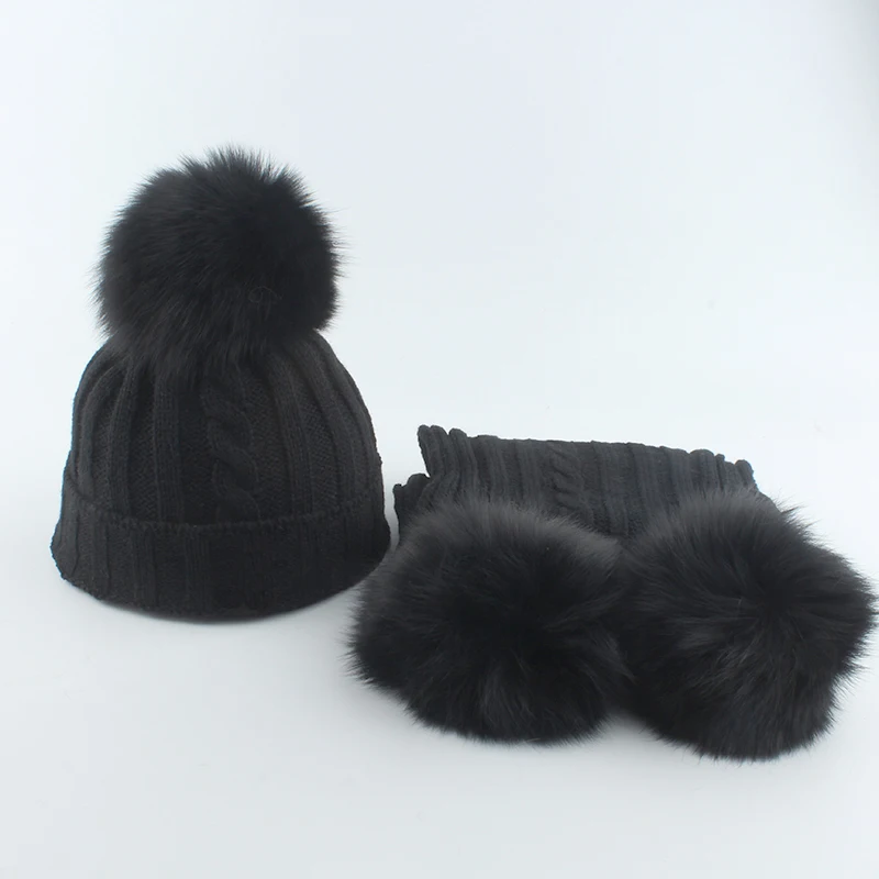 Kids Real Fox Fur Pompom Hat and Scarf Set Cute Baby Boy Girl Winter Hat Fleece Inside 3 Pieces Pompon Beanies