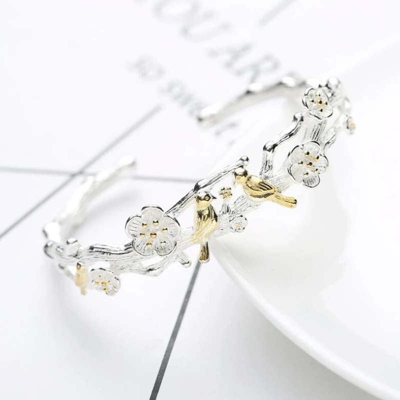 Gold Bird Bangles Jewelry 925 Sterling Silver Cuff Bangles Women Accessories Srebrna Bransoletka