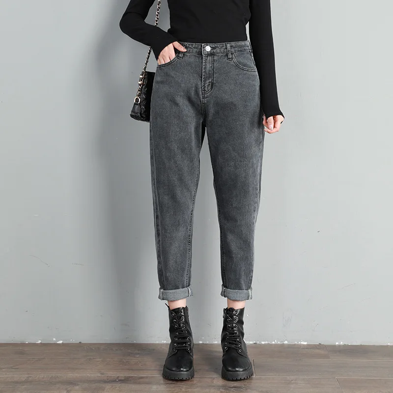 

Women Jeans Autumn High Waist Plus Size Full Length Softener Zipper Mom Female Denim Gray Harem Pants 5xl 6xl 7xl 8xl