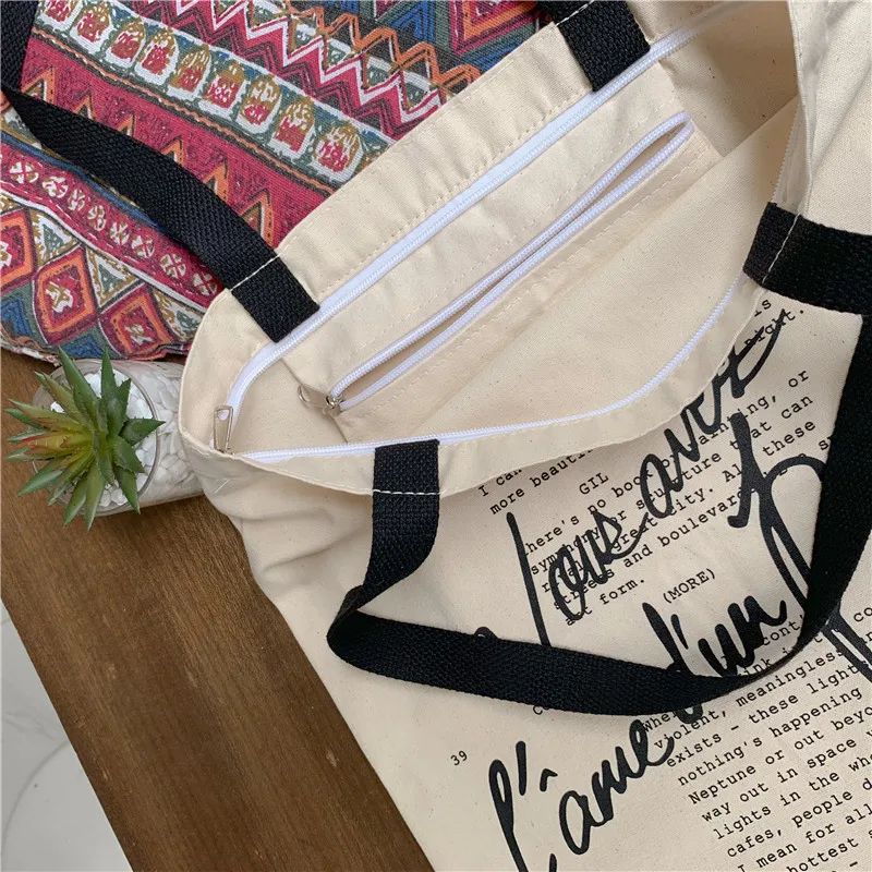Women Canvas Handbag Shoulder Bag Letters Print Shopping Bag Cotton Linen Shopper Bags