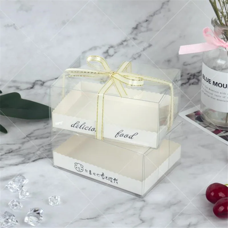

11x8x5cm PVC Transparent Cake Box Pudding Jelly Packaging Box Ice Cream Mousse Cake Box With Ribbon Clear Rectangle 50pcs/lot