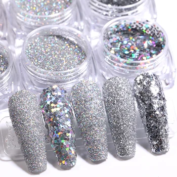 

6 Boxes Silver Holographics Nail Glitter Set Colorful Series Nail Sequins Polish Flakes Manicuring Slice Palliette Decor