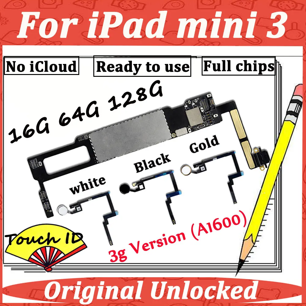 A1600 WLAN+ сотовая версия для iPad Mini 3, 3-я оригинальная материнская плата, разблокированная основная плата 16g 64g 128g w/Touch ID, логическая плата