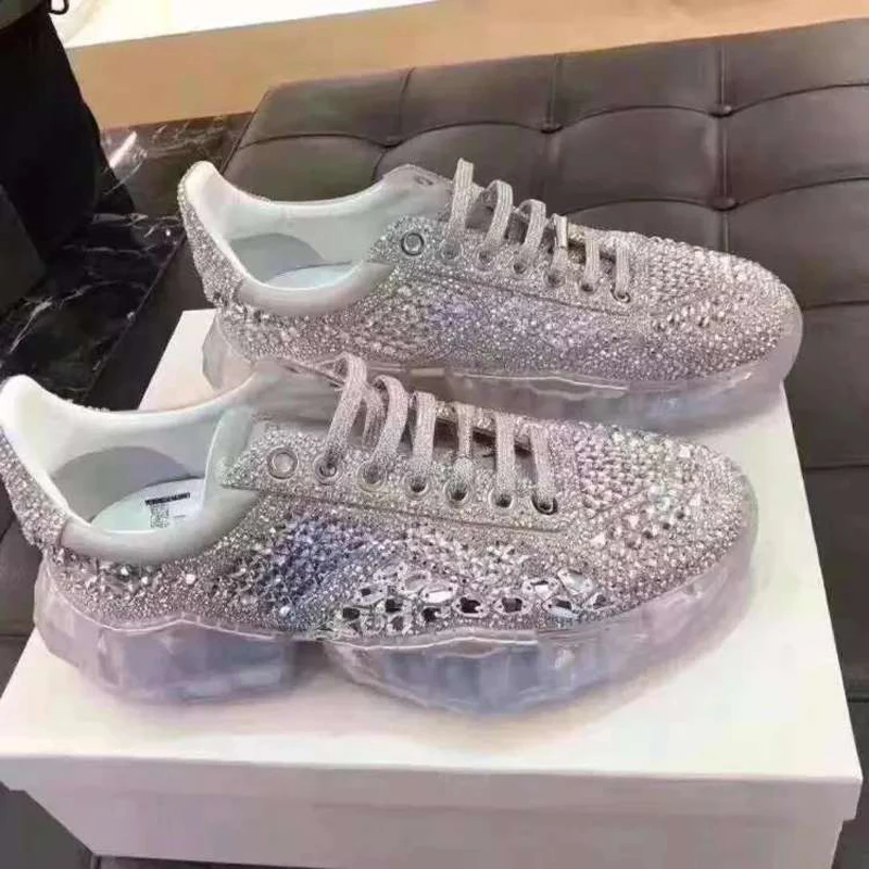 

2019 Cinderella Real Leather Lace Up Women Shoes Diamond Sneaker For White Calf Leather Shoes and Women Silver Metallic Leathe