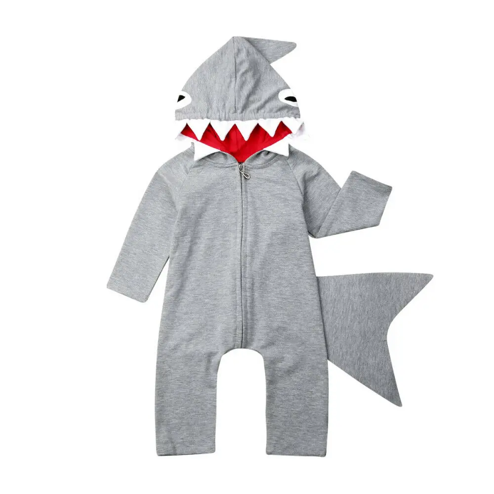 

Gray Newborn Baby Girl Boy Shark Hoodie Costume Clothes Warm Zipper Romper Jumpsuit Fall Autumn Outfits