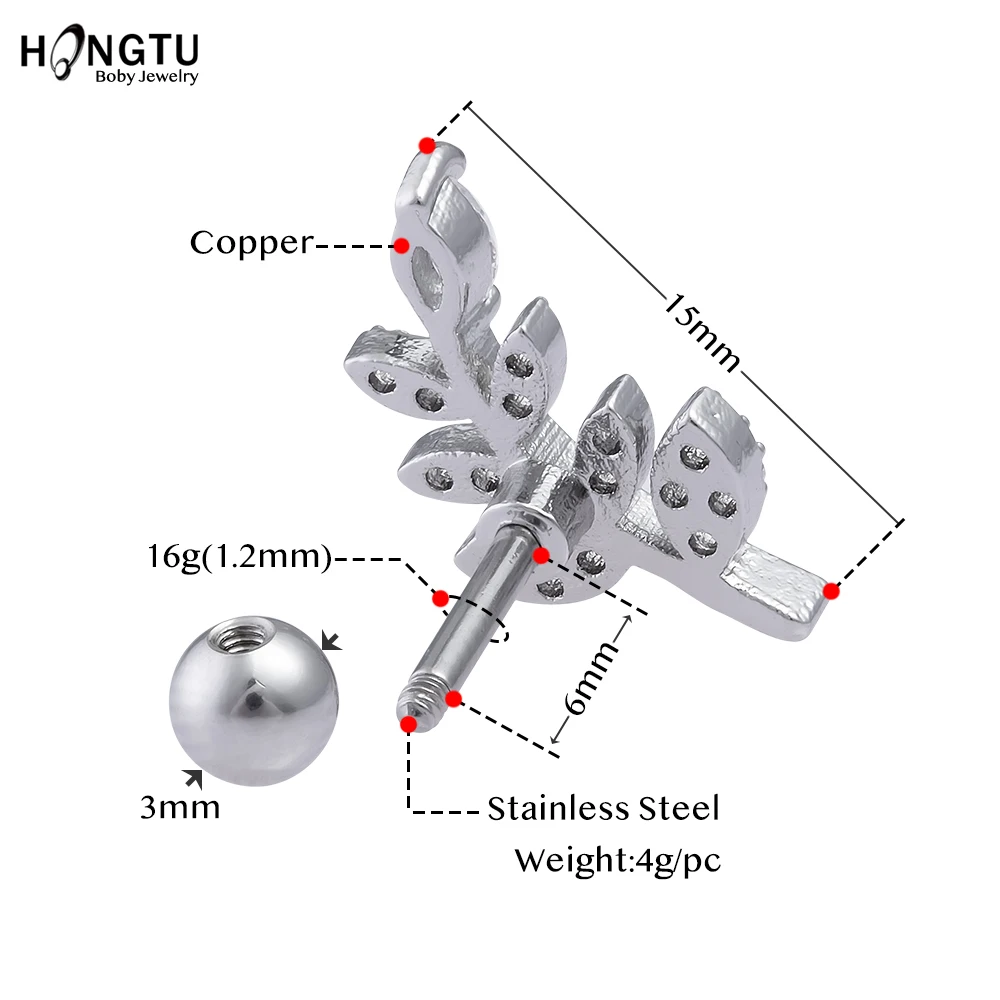HONGTU 1 шт. кубического циркония листьев козелка серьги, Надеваемые На ушной хрящ Медь& Сталь серьги, Надеваемые На ушной хрящ s пирсинг уха, ювелирное изделие для тела, Для женщин 16g