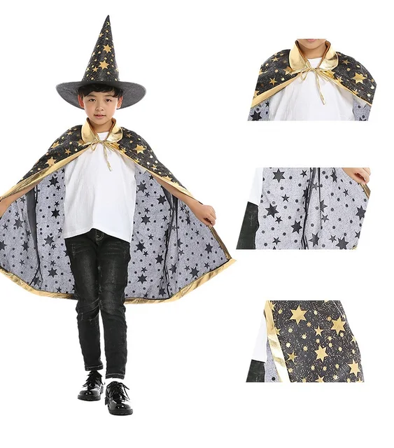 Children Halloween Cloak Cosplay Children'S Party Show Magician Wizard Bronzing Fivestar Cloak Hat Set Birthday Party Supplies 3