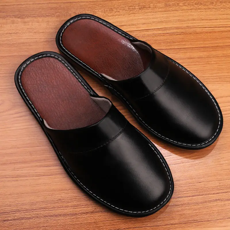 

Man home slippers autumn house shoes couple classic PU leather slippers for men black indoor mules