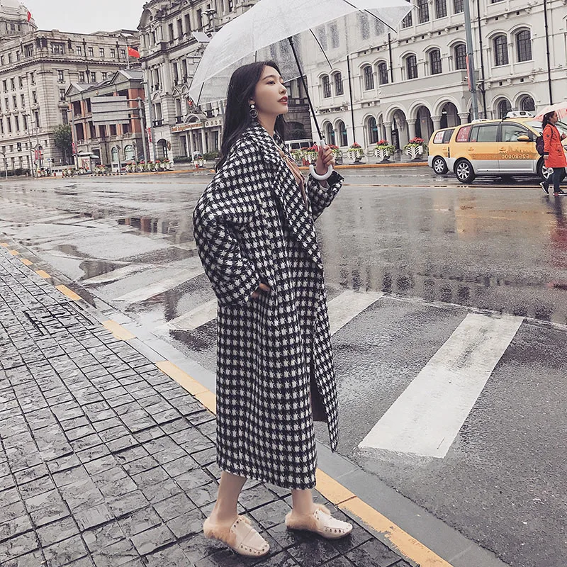 

Elegant Long Coat Female 2019 New Korean Version of the Long Section Large Size Over the Knee Plaid Woolen Coat CHUQING Brand