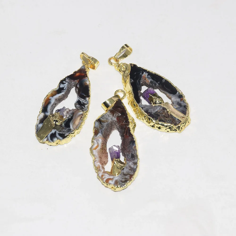 

Natural Geode Druzy Agates slice pendant female 2019 black grey polish slab druzy stone pendant for women Jewelry accessories