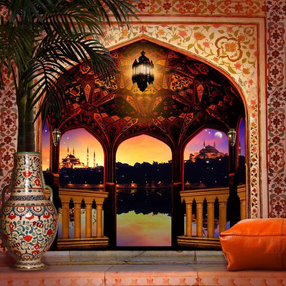 Photo-Background-Floor-Arabian-Balcony-Palace-Night-Column-Light-Palm