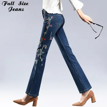 

Plus Size Side Flower Embroidered Dark Blue Flare Jeans 4Xl 5Xl 7Xl Women Oversized Slim Hip Stretch Pants Wide Leg