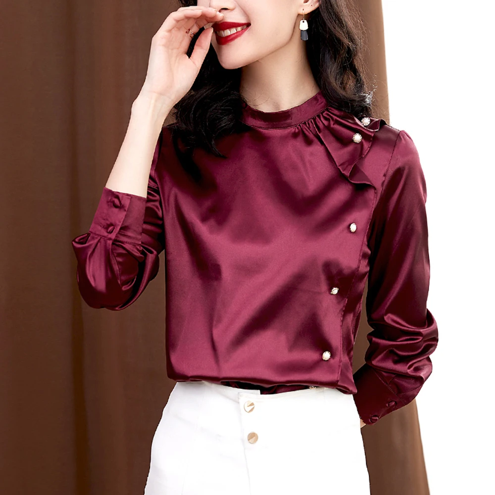 

Brand Fashion Blusas Tops Women Long Sleeve Ruffles Satin Blouse Office Ladies OL Blouses Female Casual Clothing Elegant Shirts