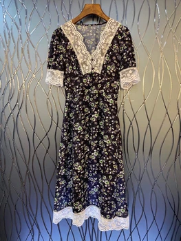 

2020 Spring and Summer New Women's Lace Embroidery Color Matching Selvage V-neck Printed Short-Sleeve Dress 701