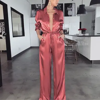 

Elegant Loose Satin Bodycon Bandage Jumpsuit Women 2020 Spring Sexy Solid Lapel Deep V Neck Playsuits Ladies Streetwear