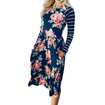 

Fashion Womens Clothes Casual Print Long Dress vestidos O-Neck Long Sleeves Pocket Printing Stripe Splicing Long Dress 2019#C9