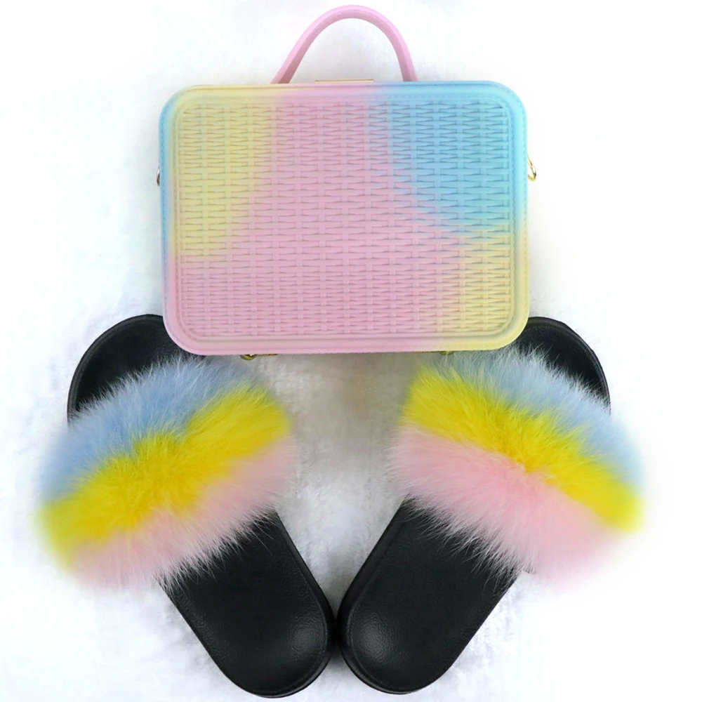 Женские шлепанцы с натуральным лисьим мехом комплект сумочки радужных желейных сумок пушистые сандалии из енота модная женская походная сумка для обуви - Цвет: Rainbow Set J