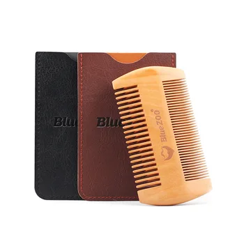 

Blue ZOO Double Side Comb Pear Wood Beard Fashion Leather Bag Double Combed Combs Wooden Mustaches Beard Brushing Comb Wholesale