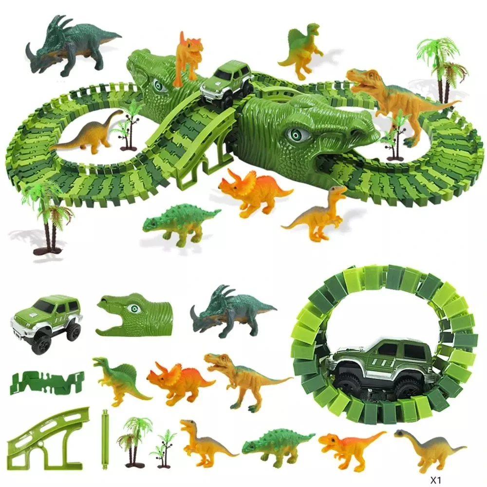 Piste De Course De Dinosaure Pour Enfants, 153 Pièces, Ensemble De Course  Sur Route À Assembler Avec Piste Flexible, Jouets Dino, Pont, Rampes, 2  Voitures De Course, Bricolage - Sous Pression Et